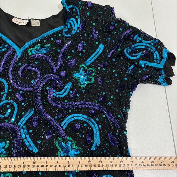 VTG Lawrence Kazar Sequin Top 3X Silk Blue Green Peacock Beads 80s Disco Evening - Picture 12 of 16